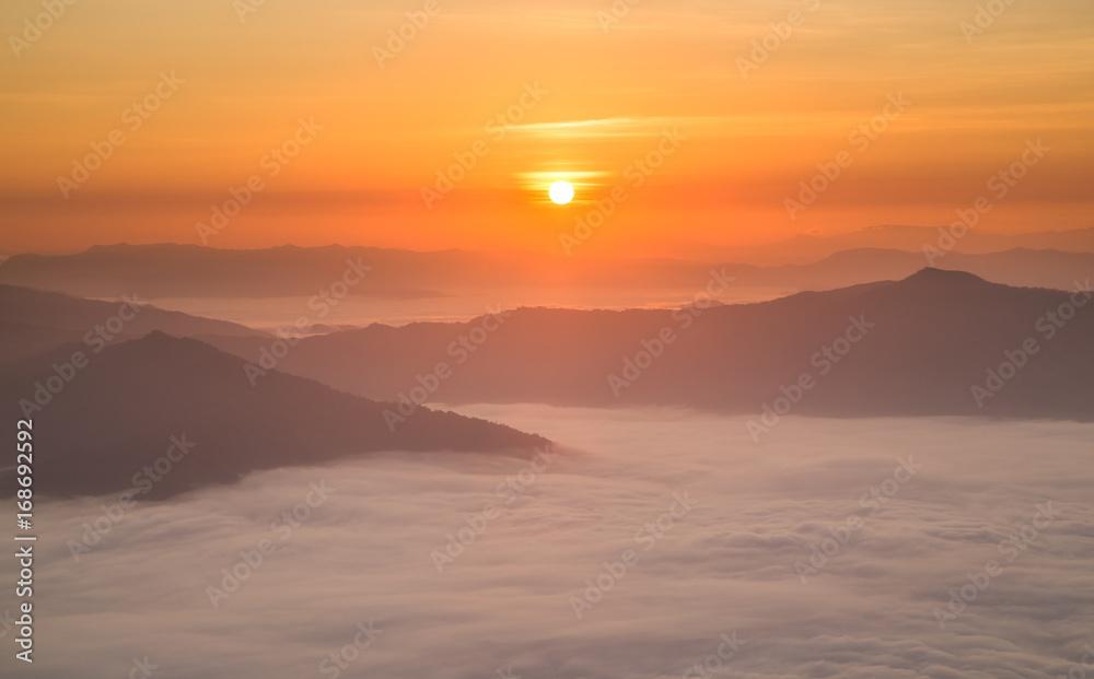 Sunrise landscape of foggy and cloudy mountain valley Doi Pha Tang chiang rai thailand