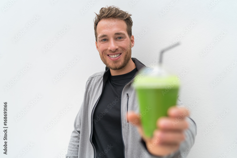 Health man drinking weight loss green smoothie. Healthy fit man happy  drinking detox cleanse vegetable juice. Active lifestyle, morning  breakfast. Stock Photo | Adobe Stock