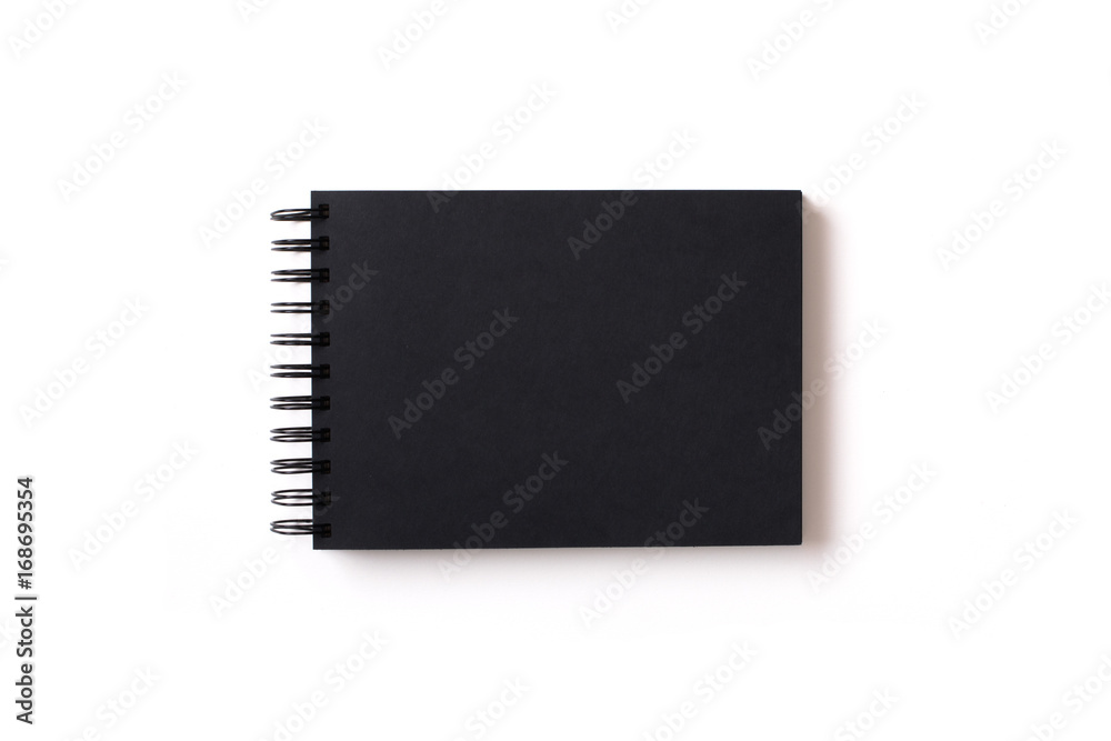 Horizontal aligned isolated sketchbook mock up with blank black paper on white background. Top view, flat lay. Horizontal aligned isolated sketchbook mock up with blank black paper on white background. Top view, flat lay.