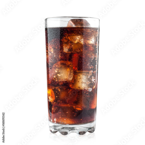 Cola in glass and ice cubes isolated on white background including clipping path