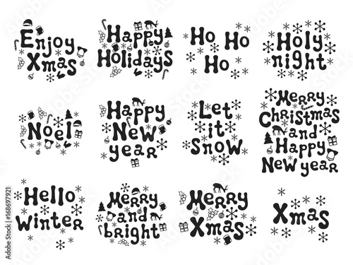 Christmas and New Year calligraphy phrases set. Handwritten brush seasons lettering collection. Xmas phrases. Hand drawn design elements. Happy holidays. Greeting card text. Christmas calligraphy.