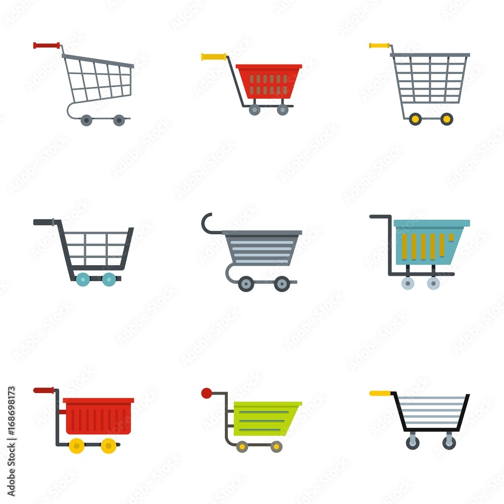 Shop wheel cart icon set, flat style