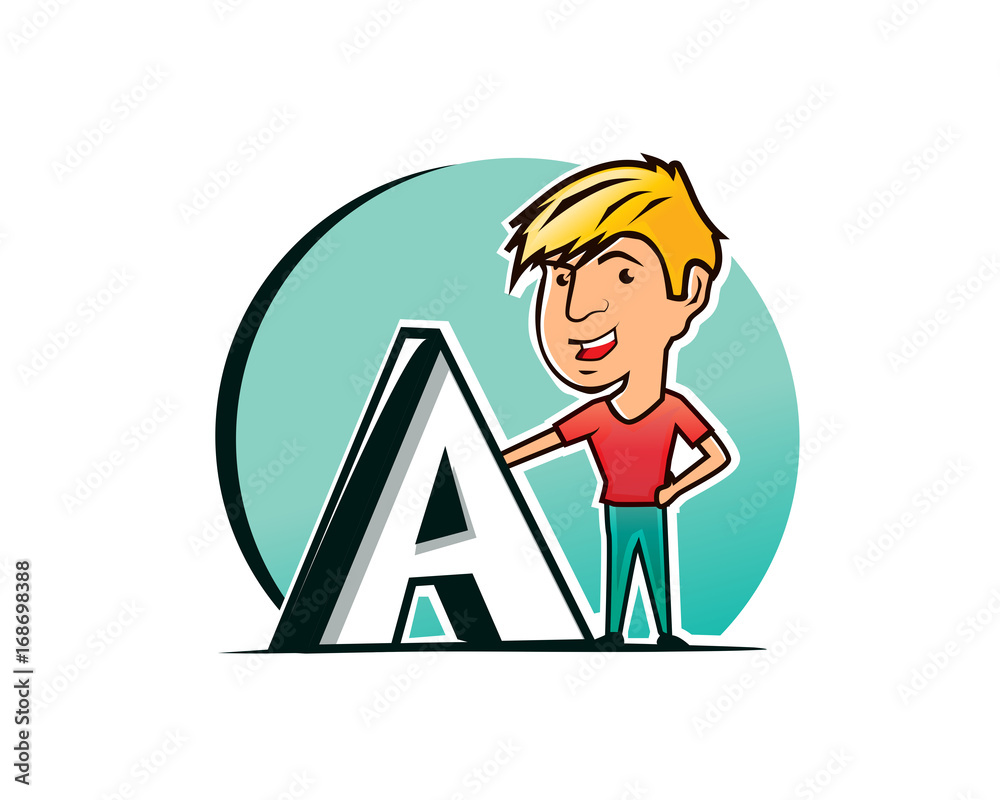 boy illustration stand with letter A, cartoon design, isolated on white background. 
