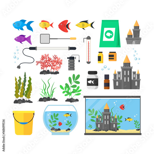 Aquarium with Fish, Blue Water and Equipment Set. Vector