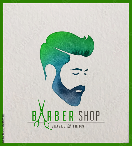 Creative watercolor logotype of man's head. Logo design for hair and barber salon. 