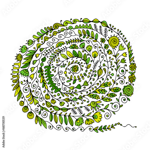 Floral spiral ornament, hand drawn sketch for your design