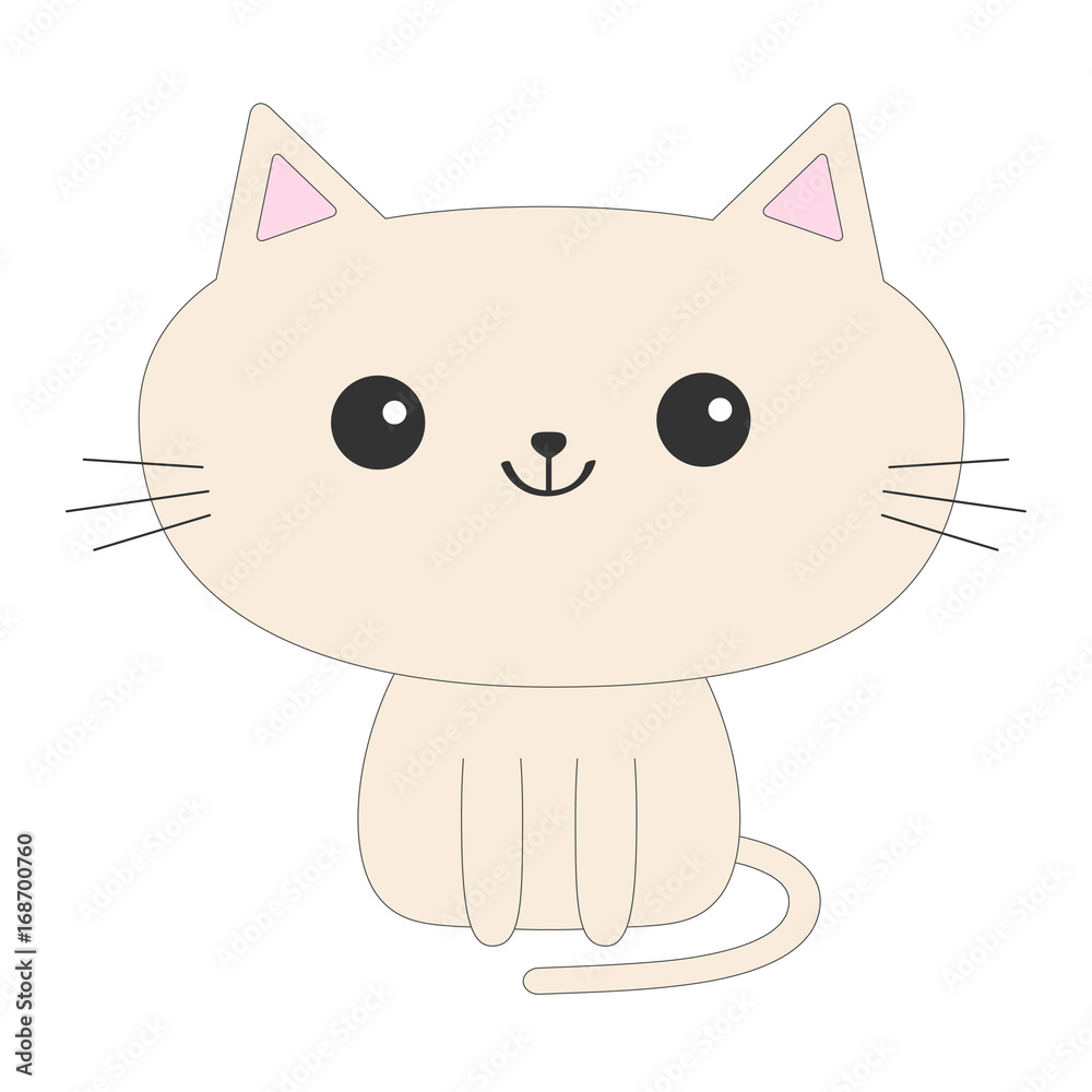 Cute sitting cat icon. Funny cartoon character. Kawaii animal. Tail,  whisker, big eyes. Kitty kitten. Baby pet collection. White background.  Isolated. Flat design. Stock Vector | Adobe Stock