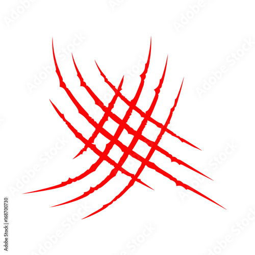 Criss cross red bloody claws animal scratch scrape track. Cat tiger dinosaur scratches paw. Four nails trace shape. Funny design element. Flat design. Isolated. White background.