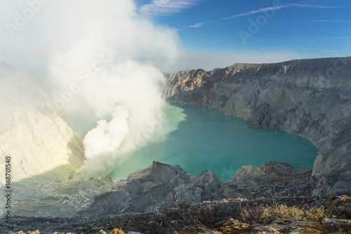 Landscape of Kawah Ijen volcano mountain crater and lake, Java, Indonesia photo