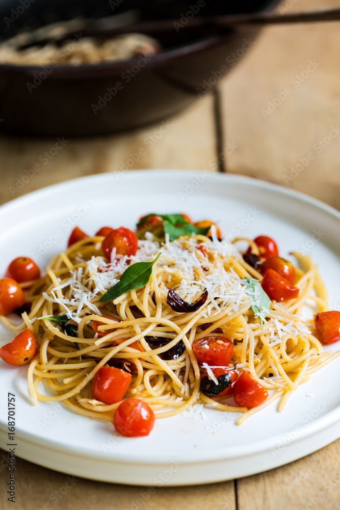 Spaghetti with Cherry tomatoes and dried chili with grated Parmesan Spaghetti with Cherry tomatoes and dried chili with grated Parmesan
