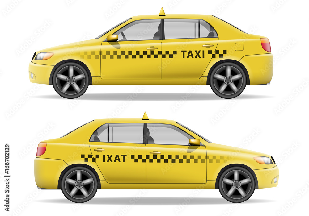 Realistic yellow Taxi car. Car mockup isolated on white. Taxi vector illustration