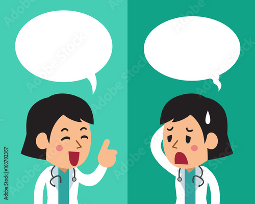 Cartoon a female doctor expressing different emotions with speech bubbles