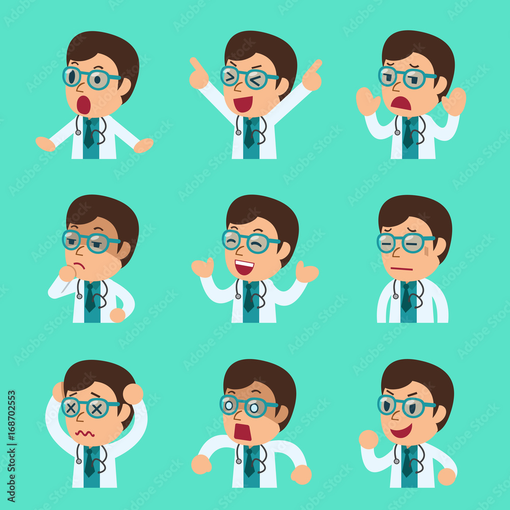 Cartoon male doctor faces showing different emotions set Cartoon male doctor faces showing different emotions set