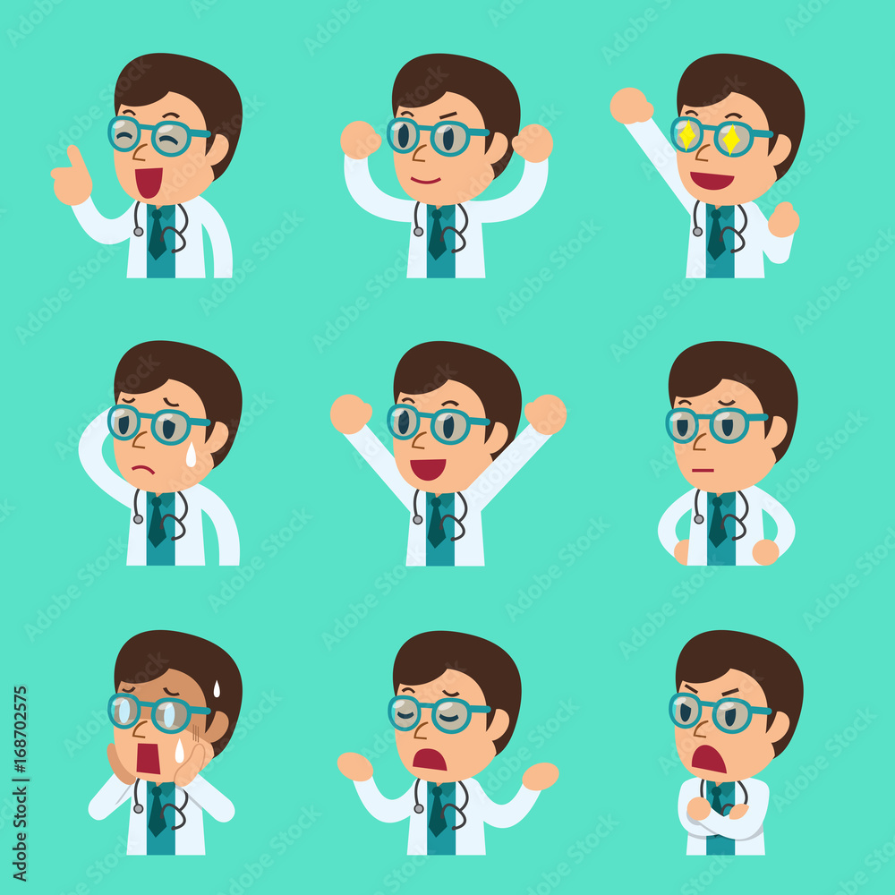 Cartoon male doctor faces showing different emotions Cartoon male doctor faces showing different emotions