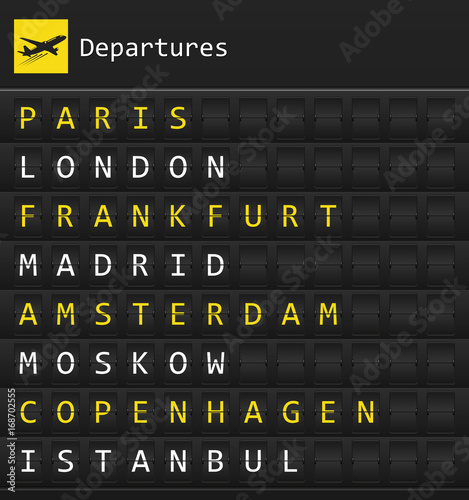 Airplane departures destination table board to major cities in Europe