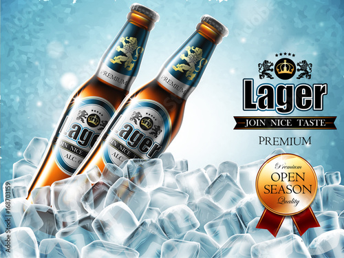 Design of advertising beer with two bottles in ice cubes.