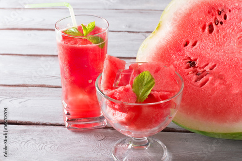 Watermelon smoothie with ice cube and mint
