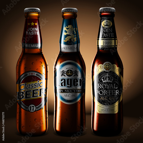 Three  bottles of beer with droplets of moisture. Highly realistic illustration with the effect of transparency.