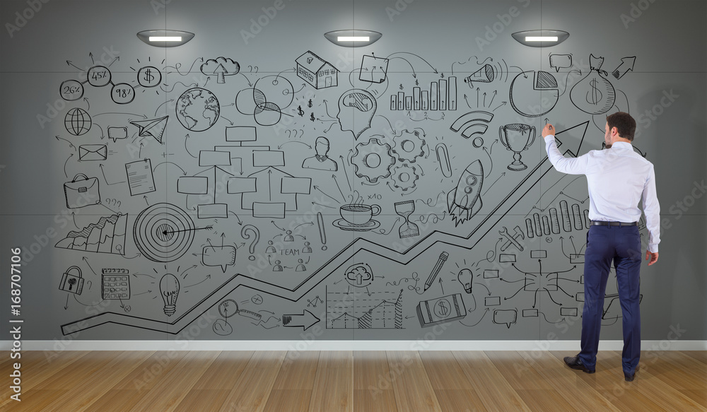 Businessman drawing a project sketch on a wall 3D rendering Businessman drawing a project sketch on a wall 3D rendering