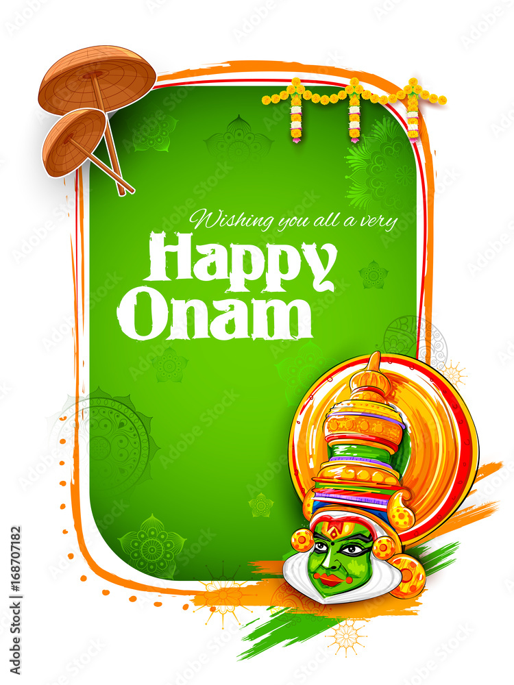 Naklejka premium Kathakali dancer on background for Happy Onam festival of South India Kerala