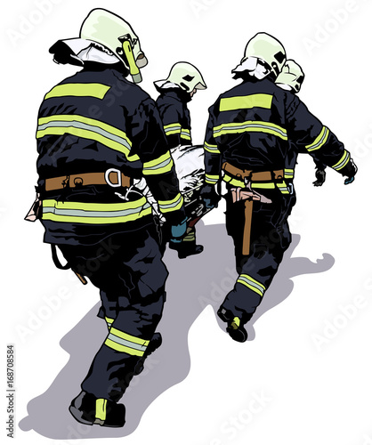 Firefighters and Saved Man on Stretcher - Colored Illustration, Vector
