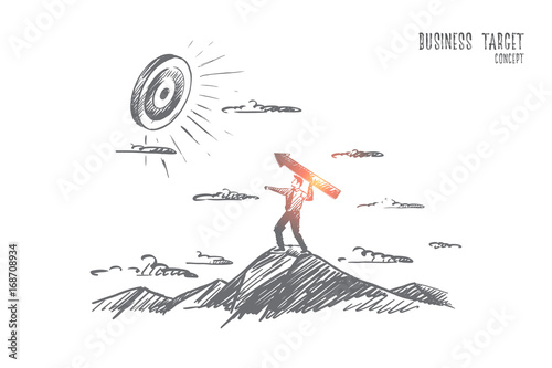 Business target concept. Hand drawn man achieving great goals. Target and man with an arrow isolated vector illustration.