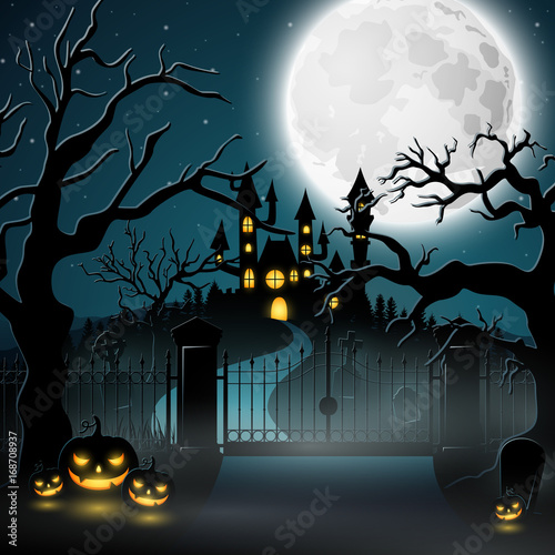 Creepy graveyard with castle and pumpkins