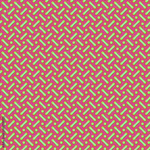 Abstract multicolored illustration. Green strips and dots on a red background. Seamless pattern.