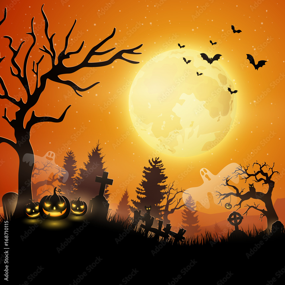 Halloween night with pumpkins and ghost