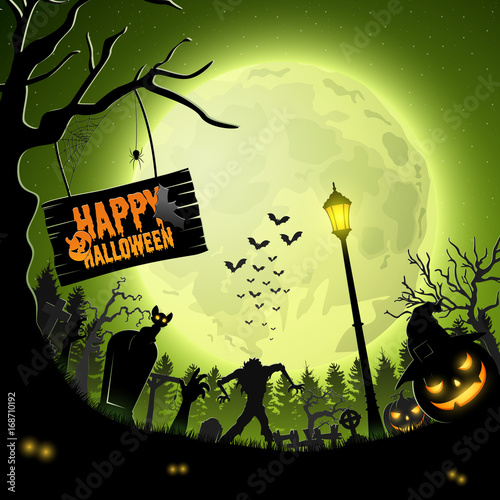 Halloween night with pumpkins and zombie silhouettes