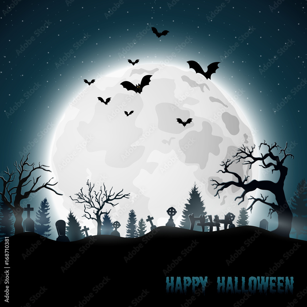Halloween background with graveyard on the full moon