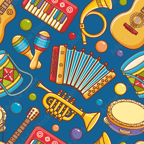 Musical instrument seamless pattern. Cartoon style