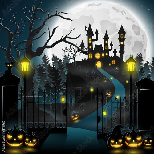 Creepy graveyard with castle and pumpkins