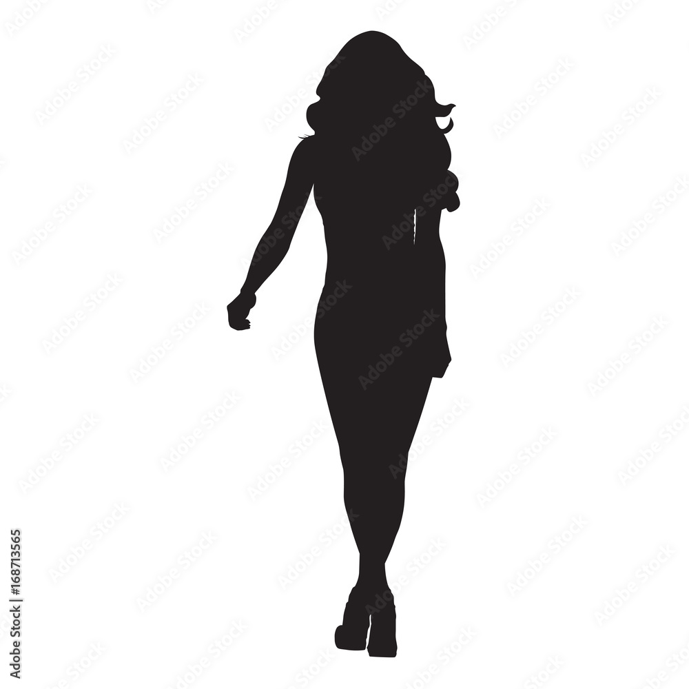 Sexy slim woman with long hair walking forward, vector silhouette Sexy slim woman with long hair walking forward, vector silhouette