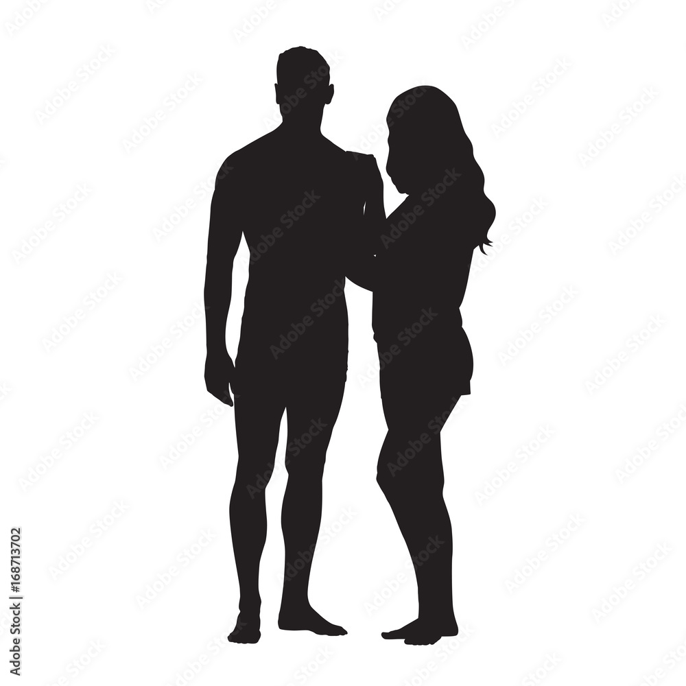 Man and woman standing side by side and holding each other, loving couple vector silhouette