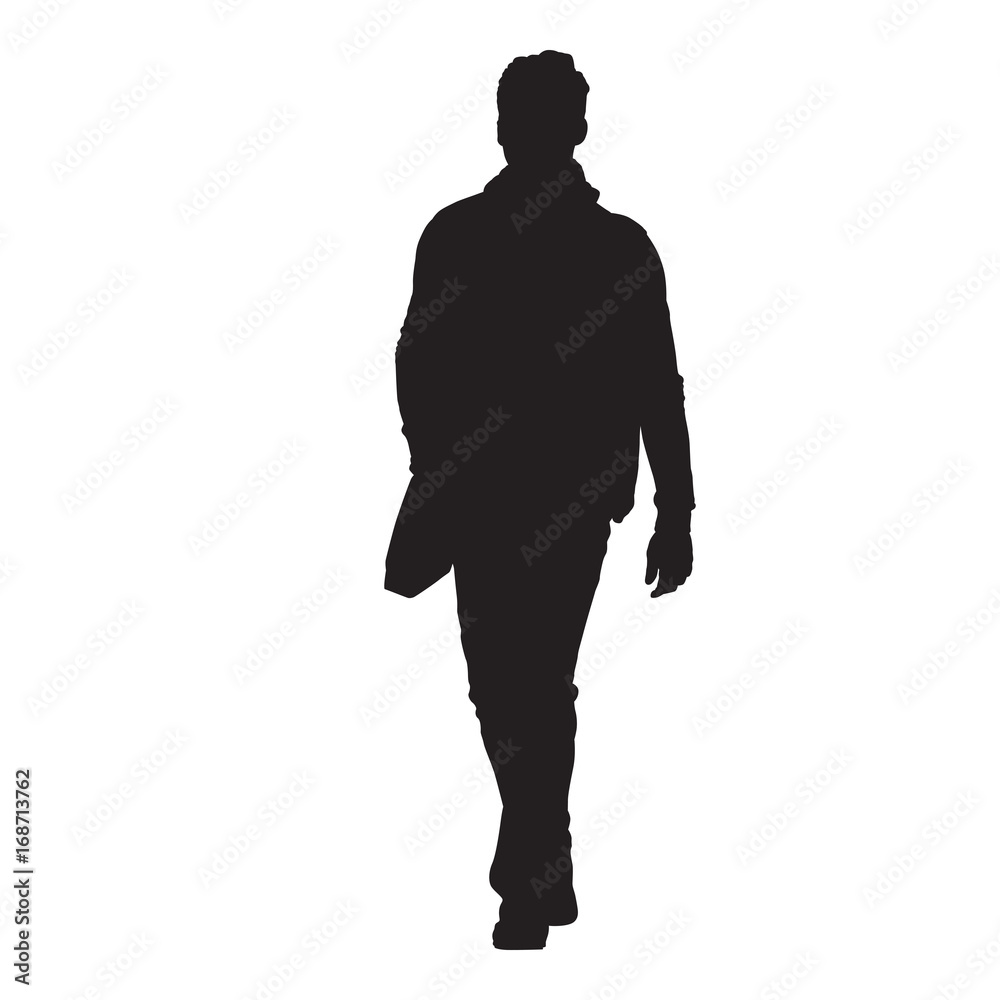 Man walking with bag over his shoulder, vector silhouette, front view