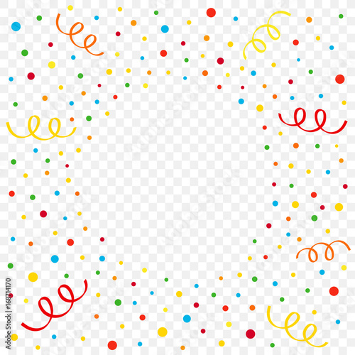 Colorful confetti and ribbon on transparent background. Birthday, New Year or Christmas vector illustration colored confetti and ribbons flying  radial flash 