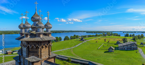 Panorama of Kizhi Island from the bell tower. In the foreground Church of the Intercession of the Virgin. Kizhi island (pogost), Onega lake, Karelia, Russia. photo
