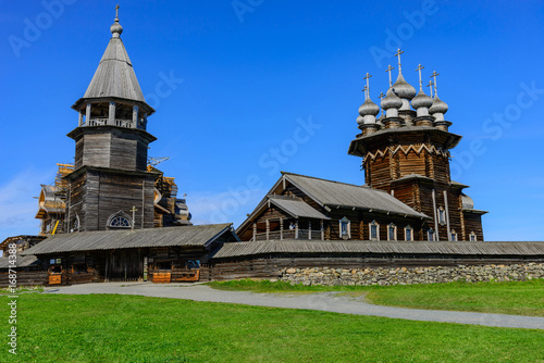 Kind of Kizhi churchyard from the side of the lake. Kizhi island (pogost), Onega lake, Karelia, Russia.