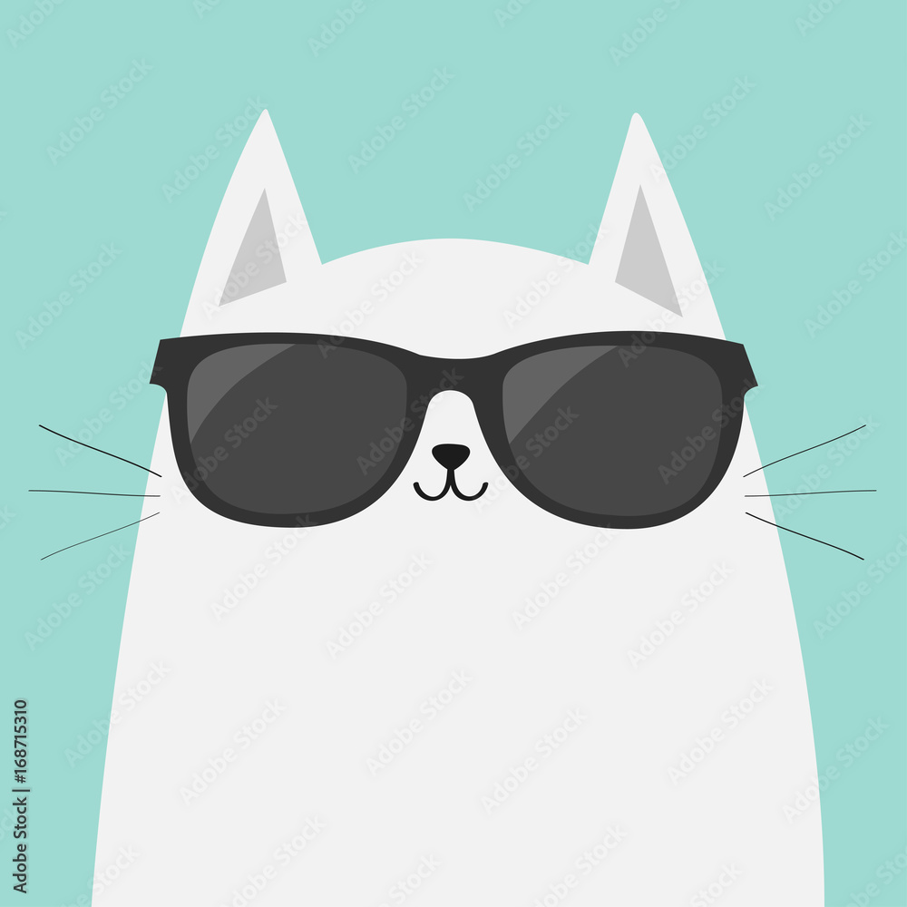 White cat wearing sunglasses eyeglasses. Black lenses. Cute cartoon funny  character. Kitten in eyeglasses. Fashion animal. Blue background. Isolated.  Flat design Stock Vector | Adobe Stock