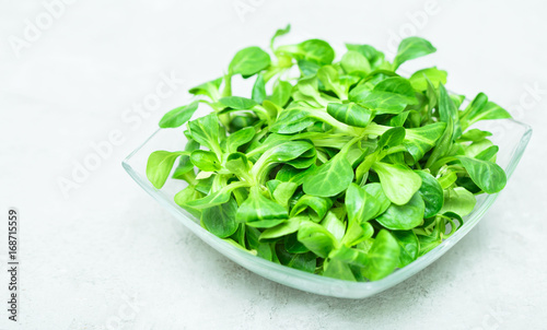 Fresh green salad with spinach In a glass bowl