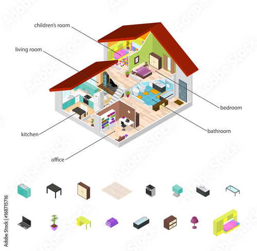 House in Cutaway and Element Set Isometric View. Vector