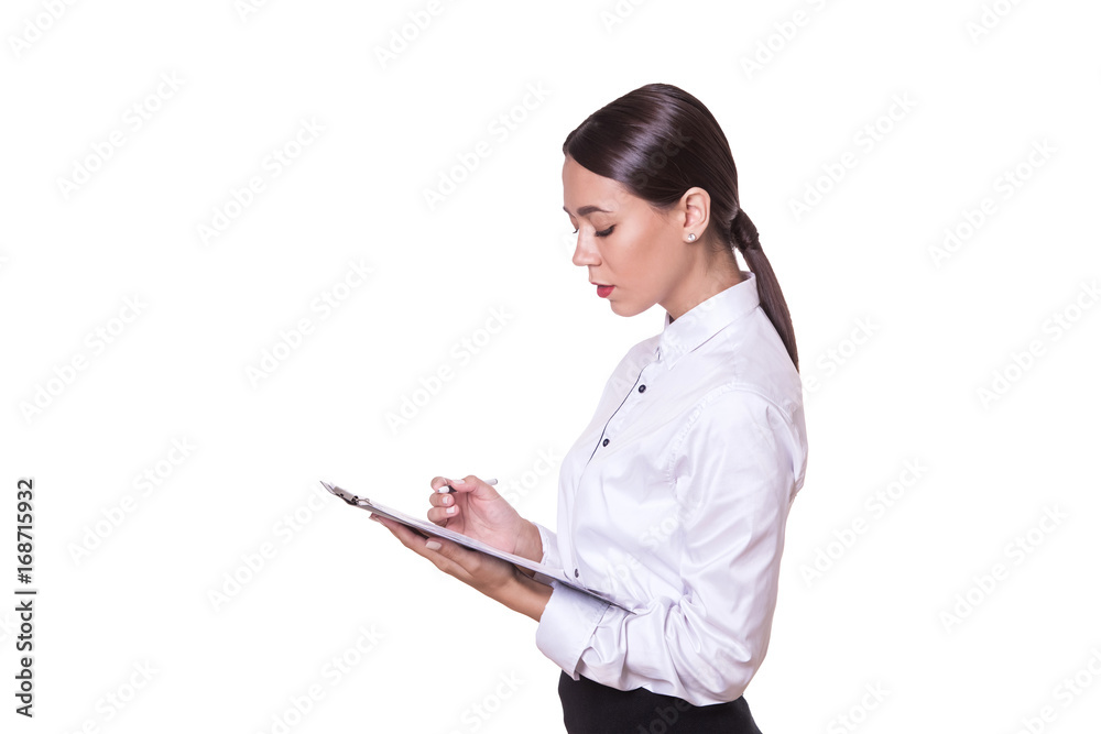 Business woman holding documents isolated on white background. Business woman holding documents isolated on white background.