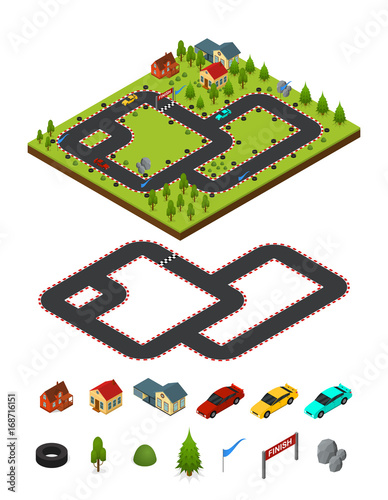 Track Racing and Element Set Isometric View. Vector