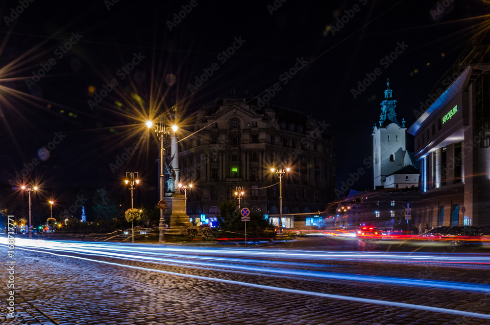 Night Lviv cityscape with long exposure in Ukraine