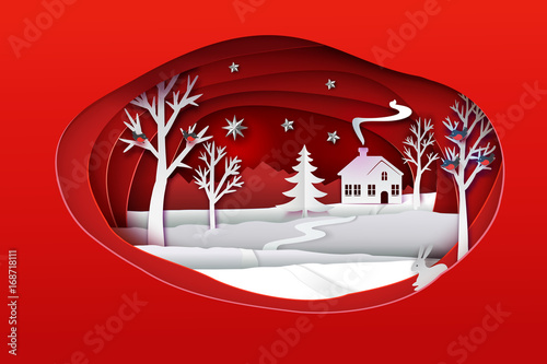 Christmas paper art. Red tone vector illustration. Ellipse paper cut layers with winter forest. White nature with house, trees, hare, stars, bulfinch's and christmas tree. Holidays banner