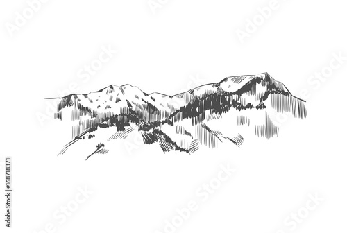 Mountain landscape. Vector hand drawn illustration. Mountains in Sketch style.