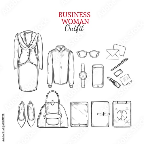 Business woman set. Vector hand drawn illustrations. Isolated objects