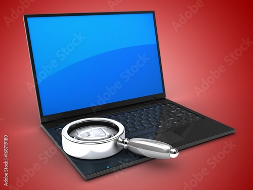 3d laptop computer and magnify flass photo