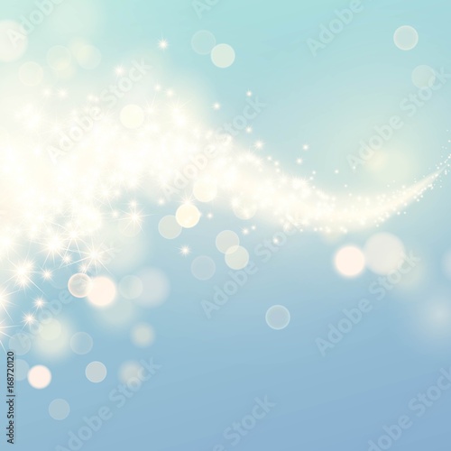 Glittering stars dust trail sparkling particles on blue background. Space glitter comet tail. Vector illustration